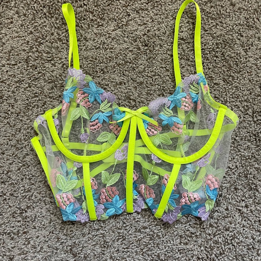 Neon Trim Floral Embroidered Sheer Balconette Bralette